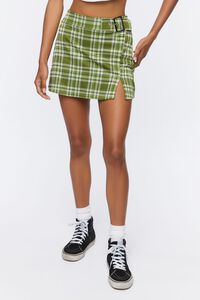 OLIVE/MULTI Buckled Plaid Mini Skirt, image 2