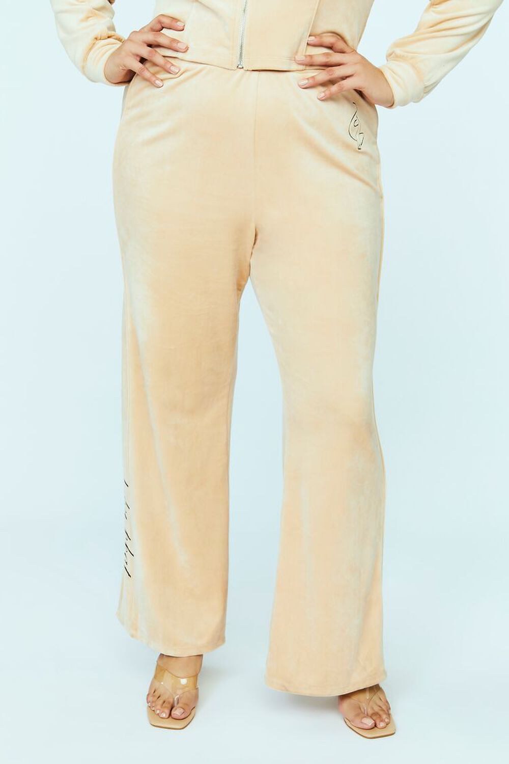 TAN/MULTI Plus Size Baby Phat Velvet Flare Pants, image 2