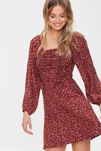 BURGUNDY/MULTI Ditsy Floral Ruched Mini Dress, image 1