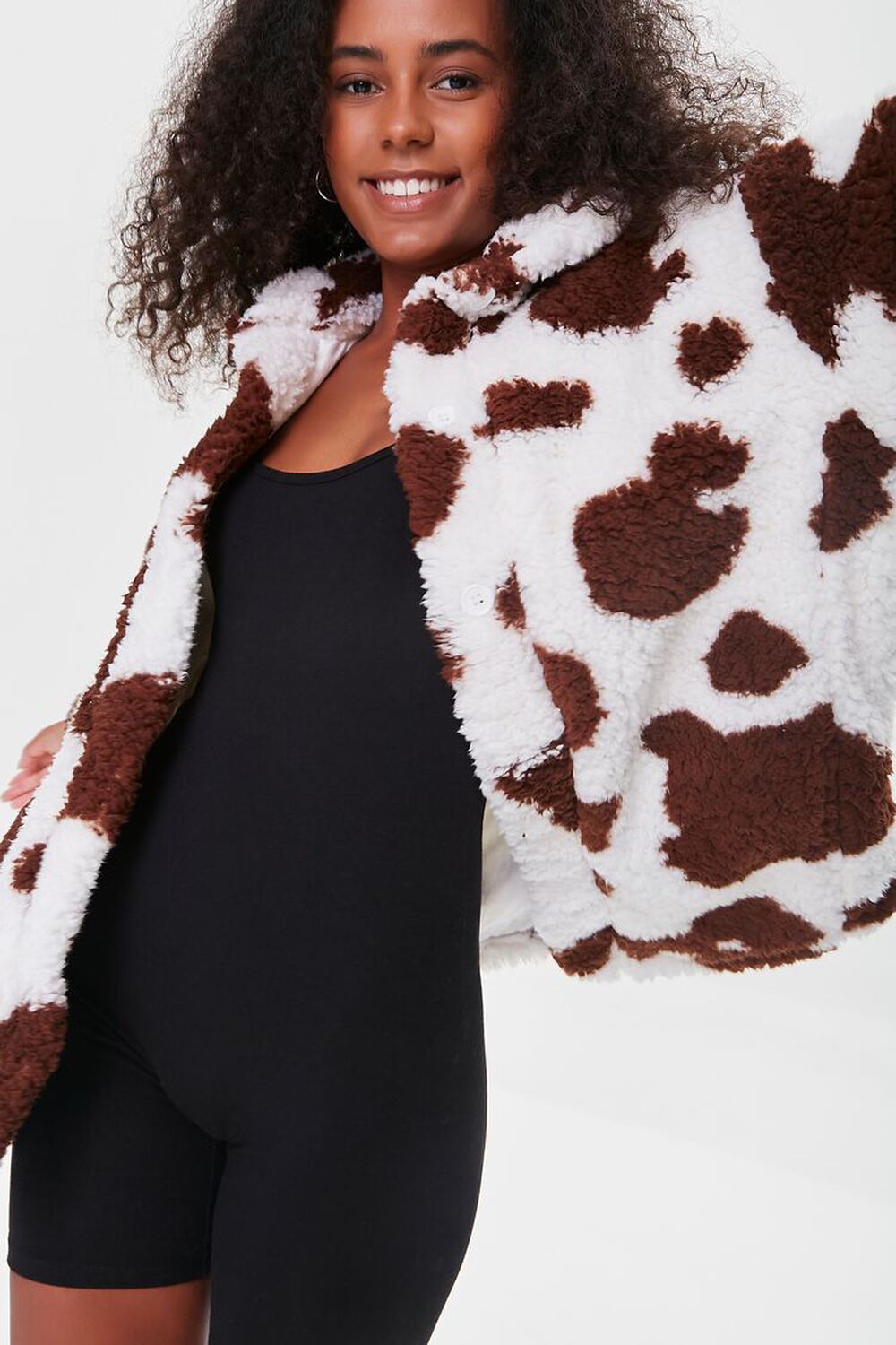 BROWN/CREAM Cow Pattern Faux Shearling Jacket, image 2
