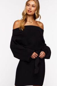 BLACK Off-the-Shoulder Belted Sweater Dress, image 1
