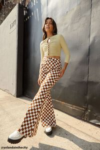 CREAM/BROWN Checkered Flare Jeans, image 1