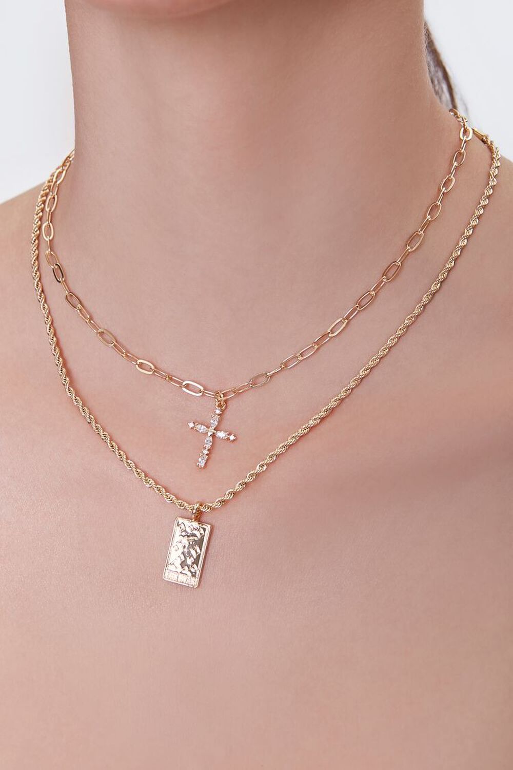 GOLD/CLEAR Rhinestone Cross Layered Necklace, image 1
