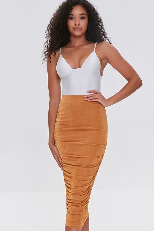 CAMEL Ruched Faux Suede Skirt, image 1
