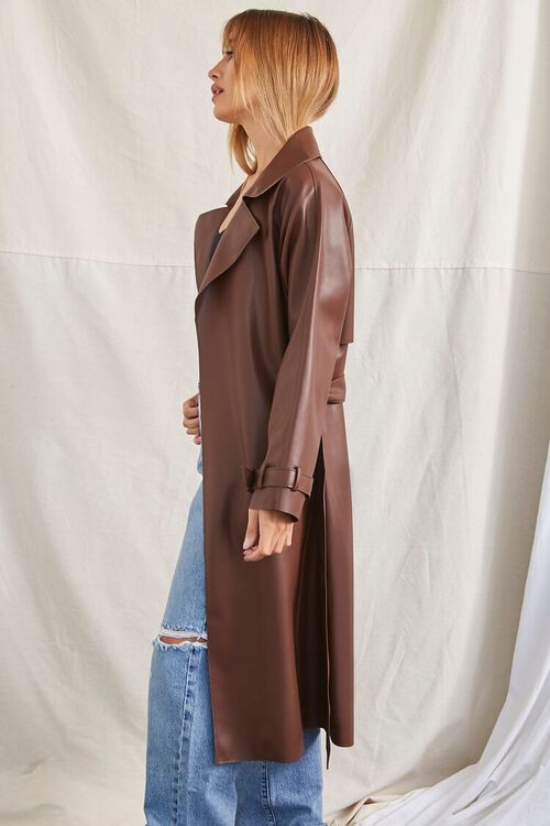 BROWN Belted Faux Leather Duster Jacket, image 2