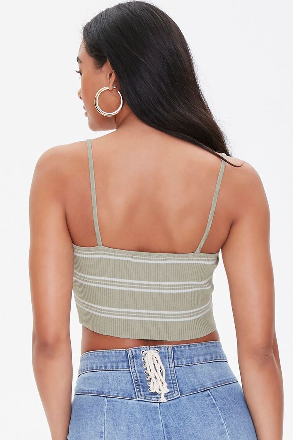 OLIVE/WHITE Striped Lace-Up Cropped Cami, image 3