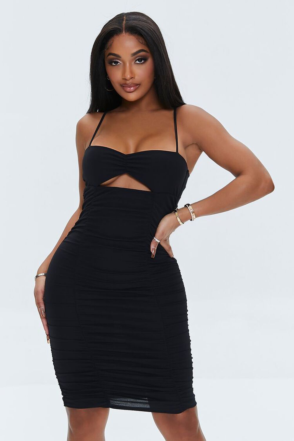 BLACK Ruched Cutout Bodycon Dress, image 1