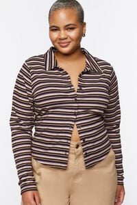 BROWN/MULTI Plus Size Striped Ribbed Knit Shirt, image 1