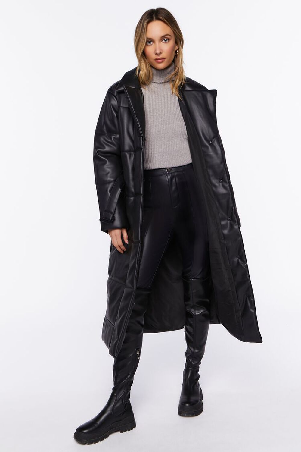 Faux Leather Longline Puffer Coat