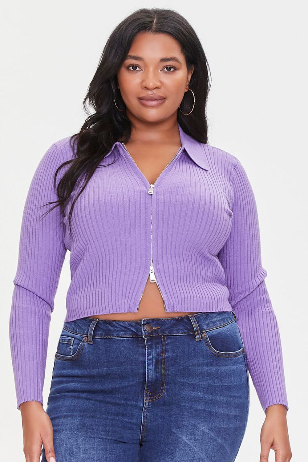 VIOLET Plus Size Ribbed Zip-Up Sweater, image 1