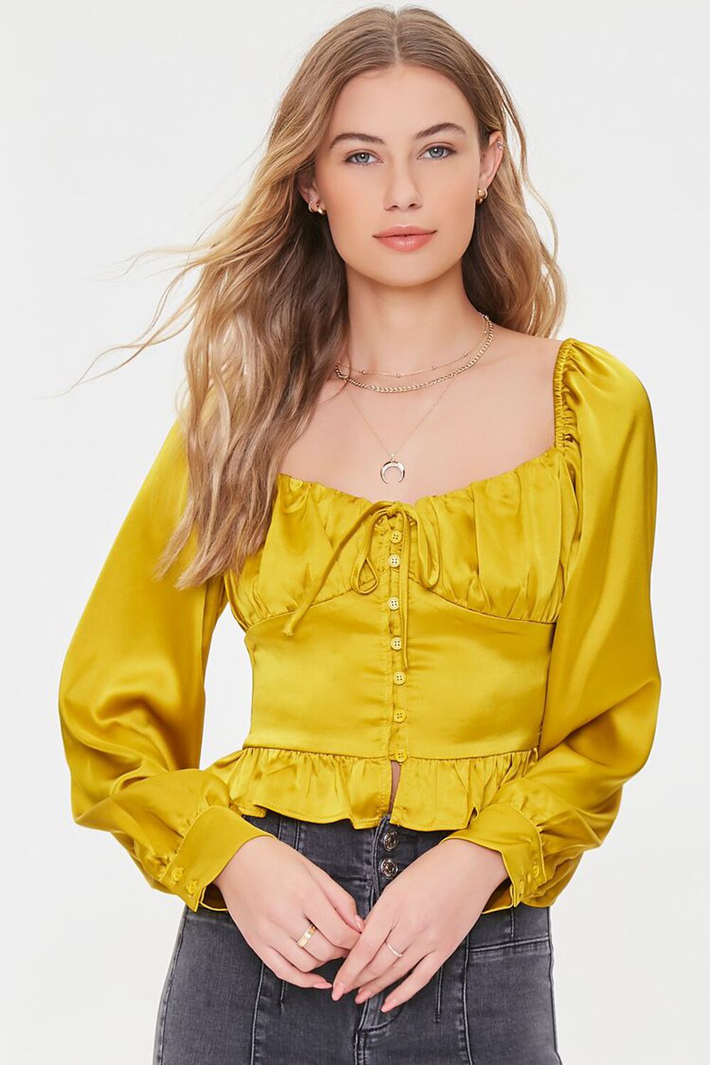 GOLD Satin Button-Front Flounce Top, image 1