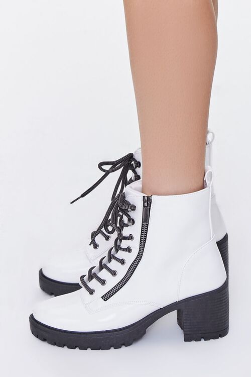WHITE Faux Patent Leather Lug-Sole Booties, image 2