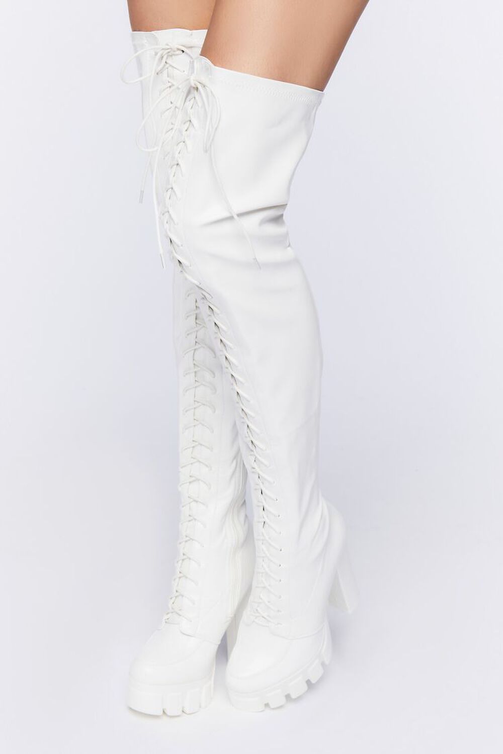 WHITE Lace-Up Thigh-High Boots, image 1