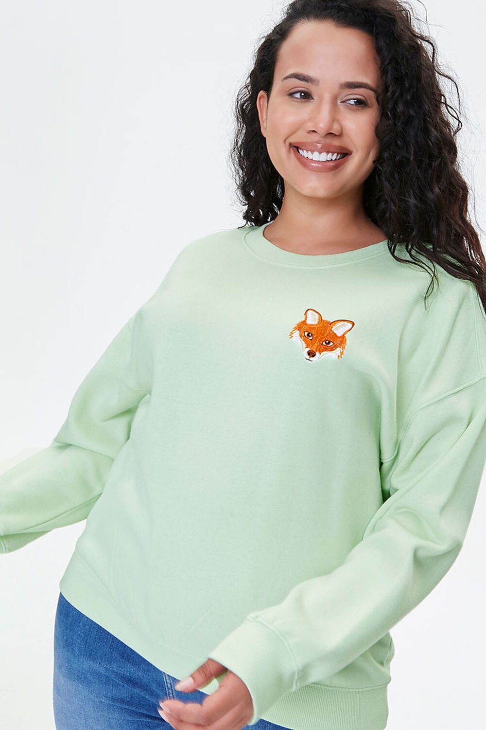 PISTACHIO/MULTI Plus Size Embroidered Fox Sweatshirt, image 1