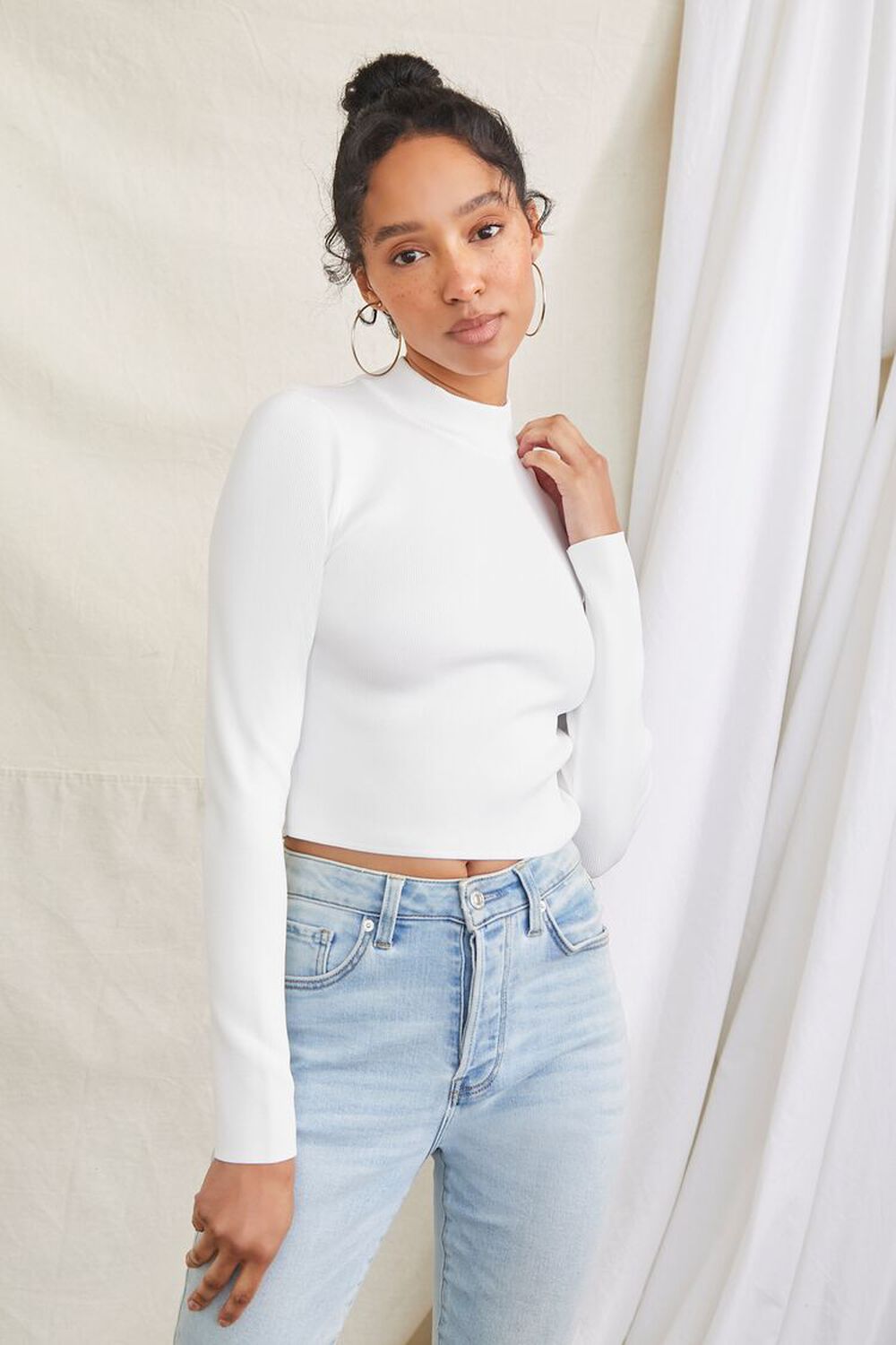 WHITE Fitted Sweater-Knit Crop Top, image 1