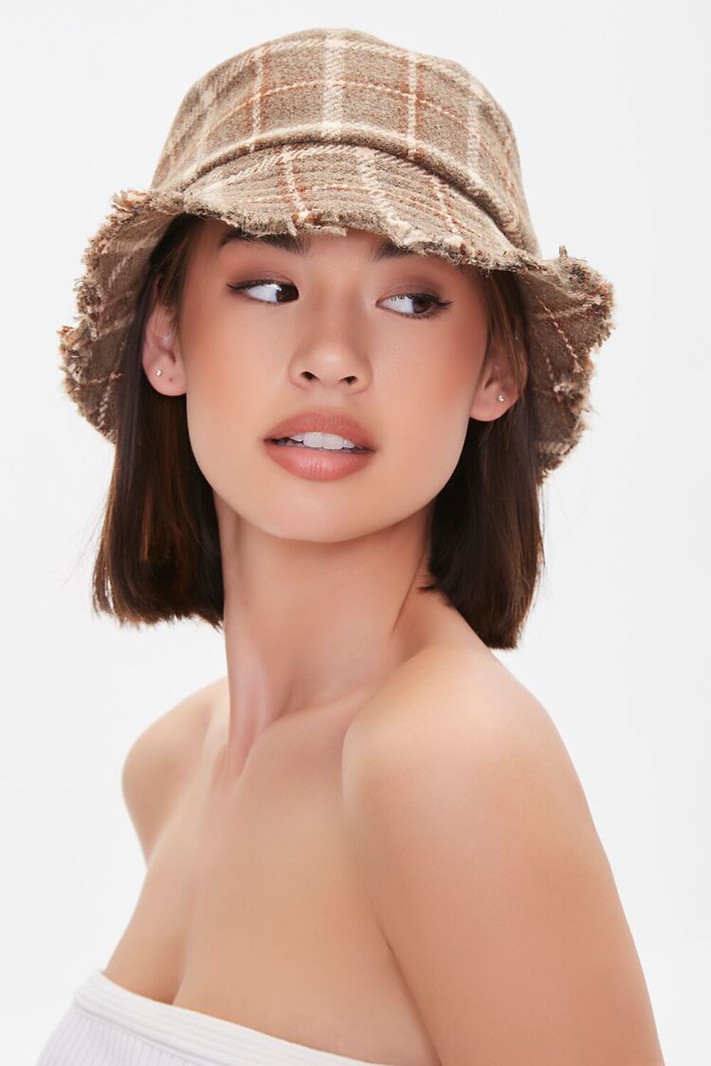 BROWN/MULTI Plaid Frayed Bucket Hat, image 1