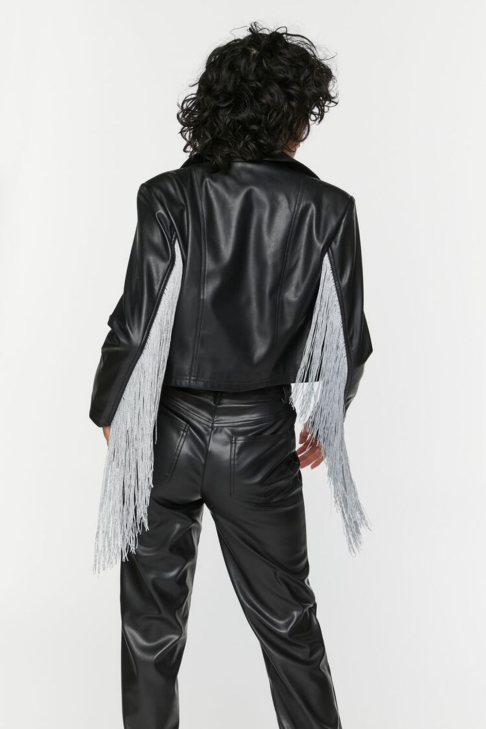BLACK Faux Leather Fringe Moto Jacket, image 3