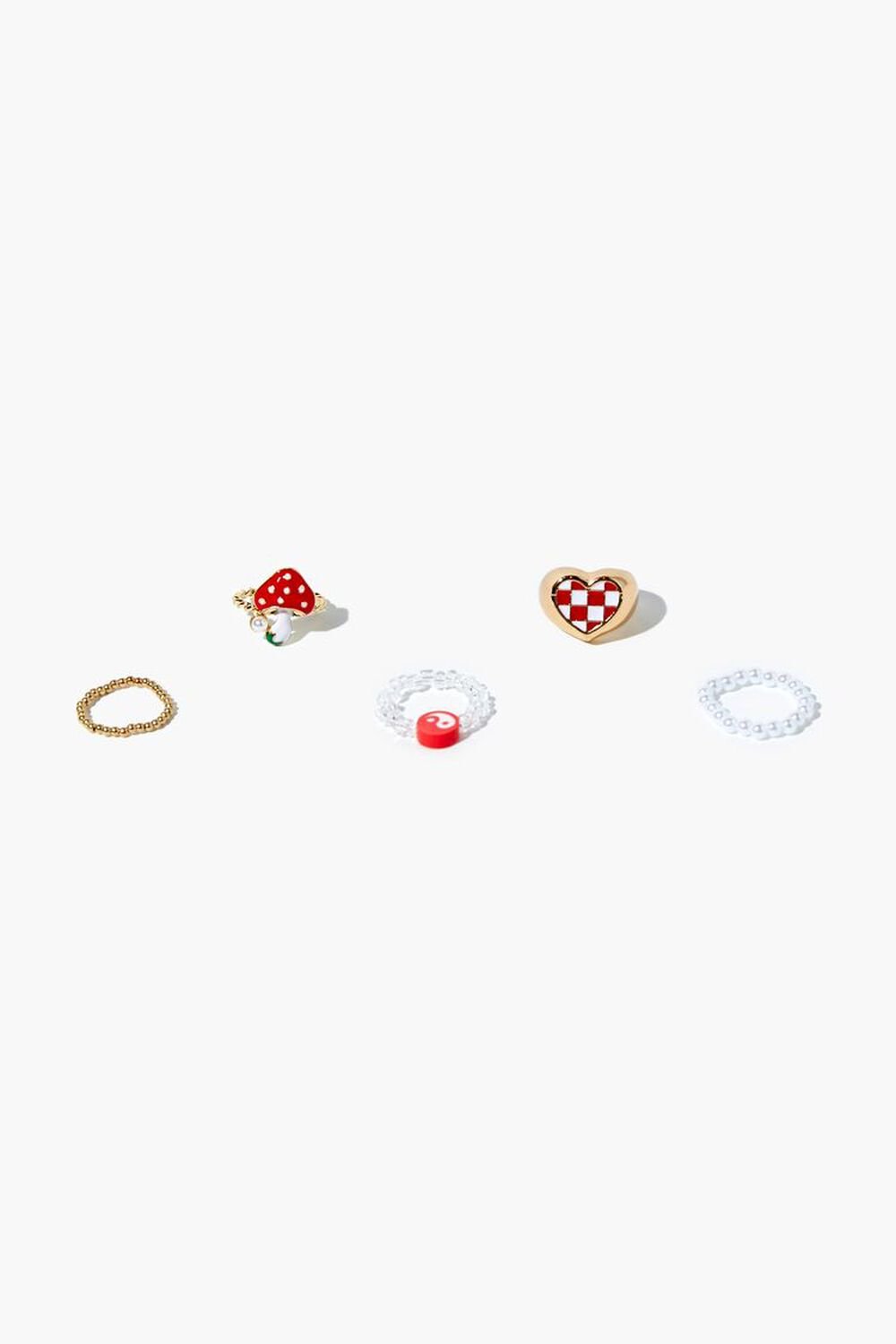 RED/GOLD Mushroom & Heart Ring Set, image 1