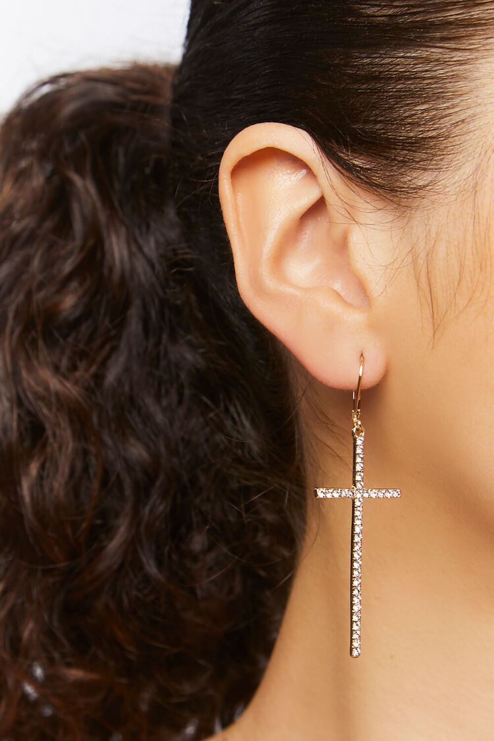 CLEAR/GOLD Rhinestone Cross Drop Earrings, image 1