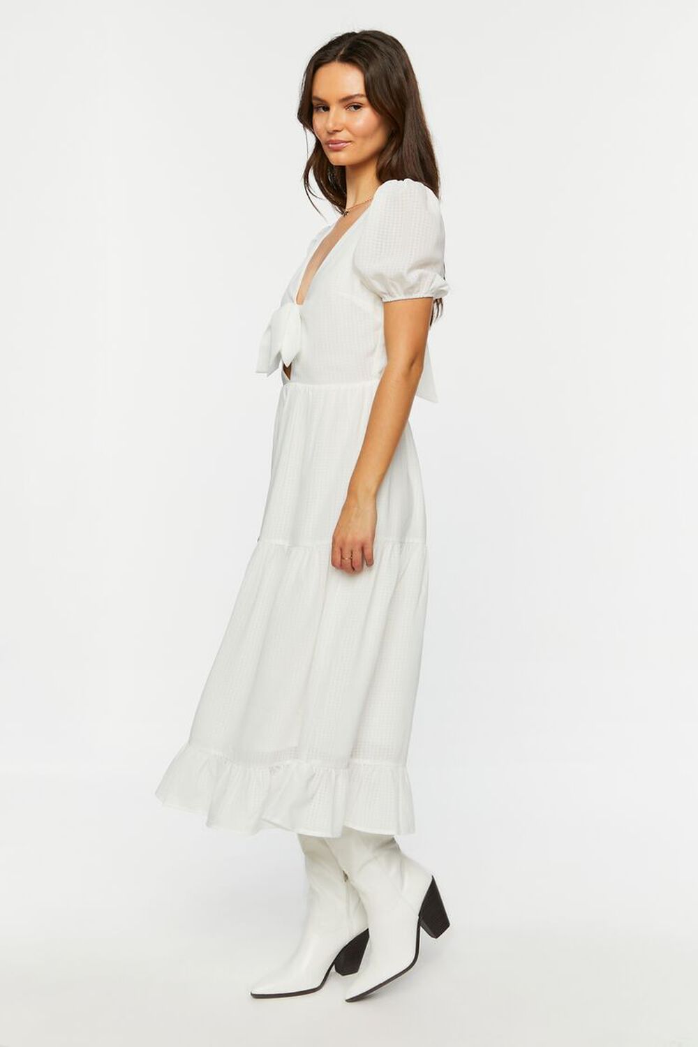WHITE Gingham Chiffon Tiered Midi Dress, image 2