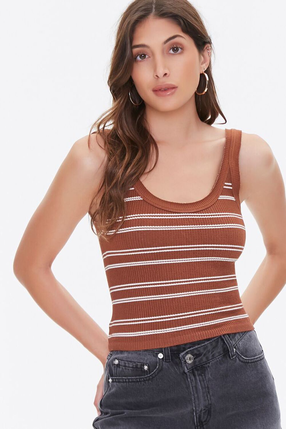 BROWN/CREAM Ribbed Striped Tank Top, image 1