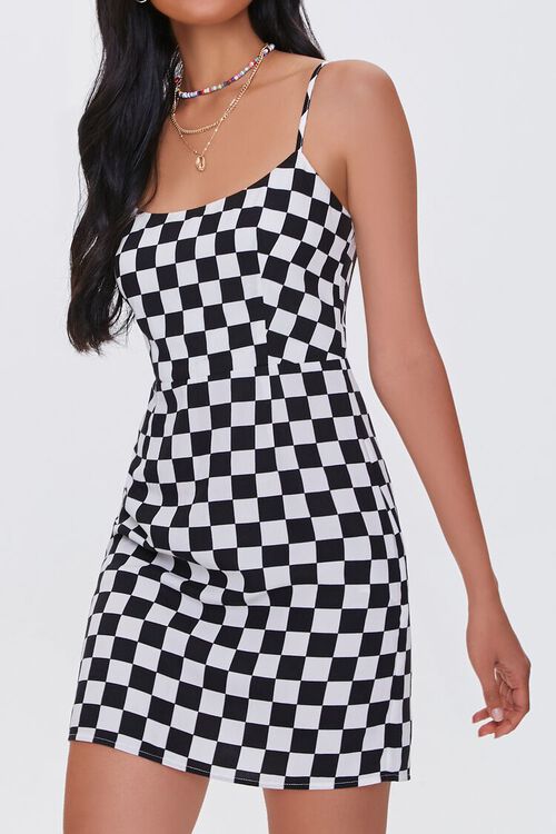 BLACK/CREAM Checkered Print Cami Mini Dress, image 1