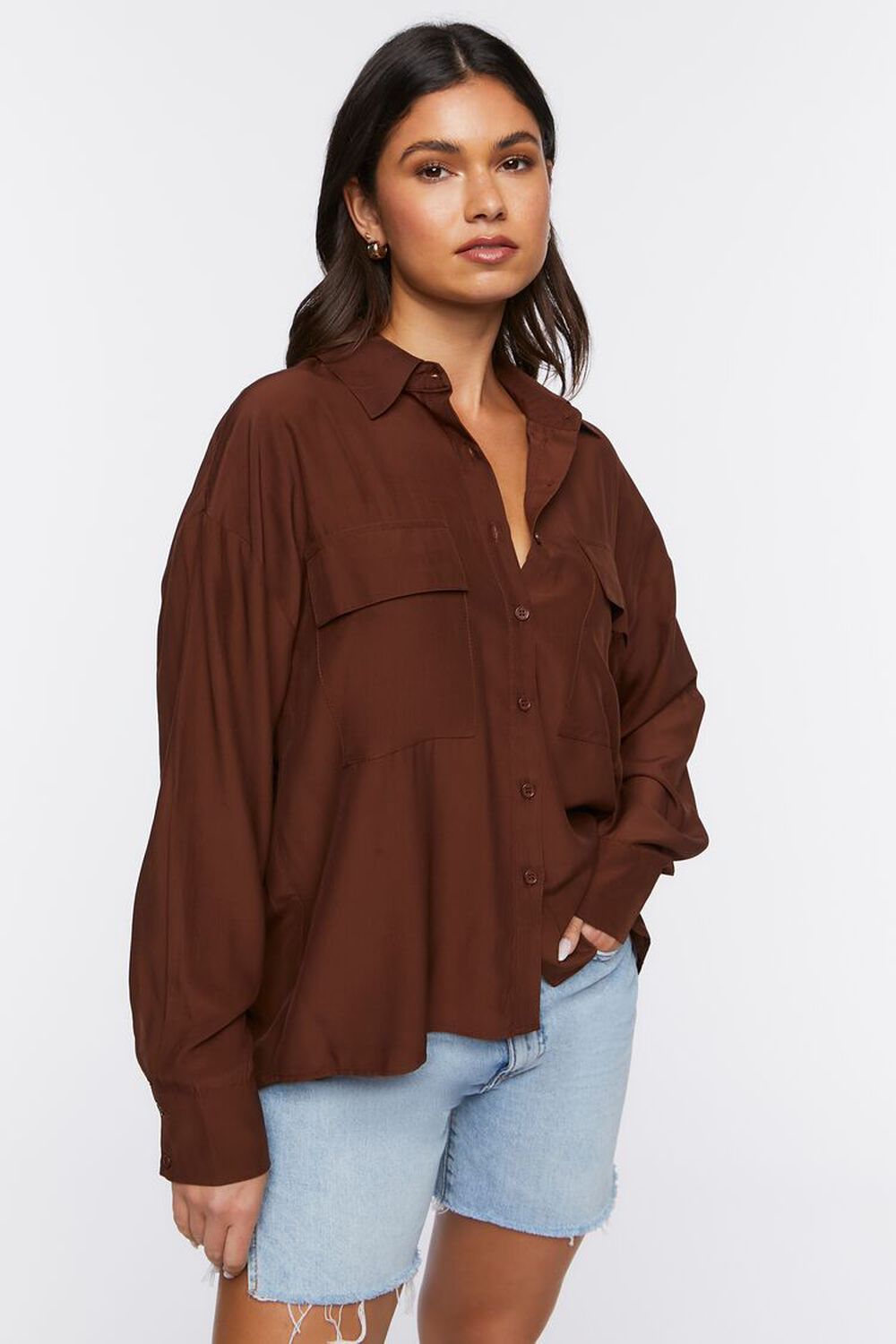 BROWN High-Low Buttoned Shirt, image 1