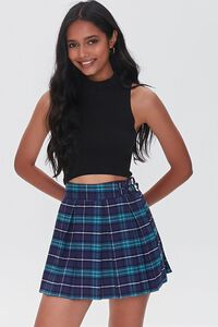 NAVY/HUNTER GREEN Buckled Plaid Pleated Skirt, image 1