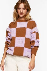 PURPLE/BROWN Fuzzy Checkered Sweater, image 1