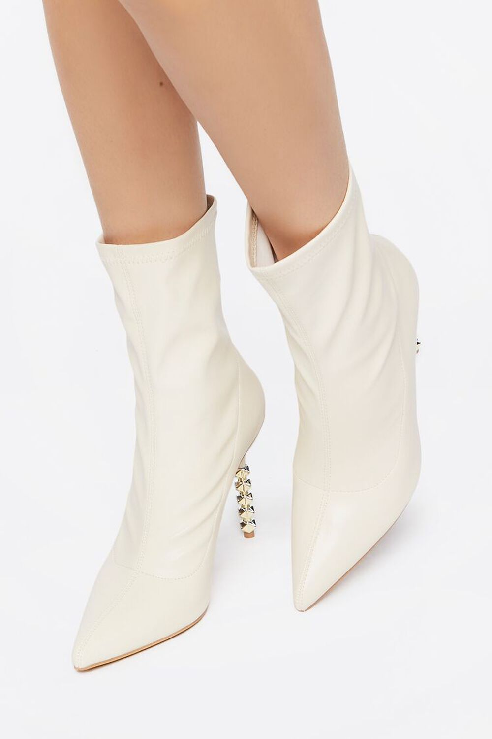 WHITE Faux Leather Studded Heel Booties, image 1