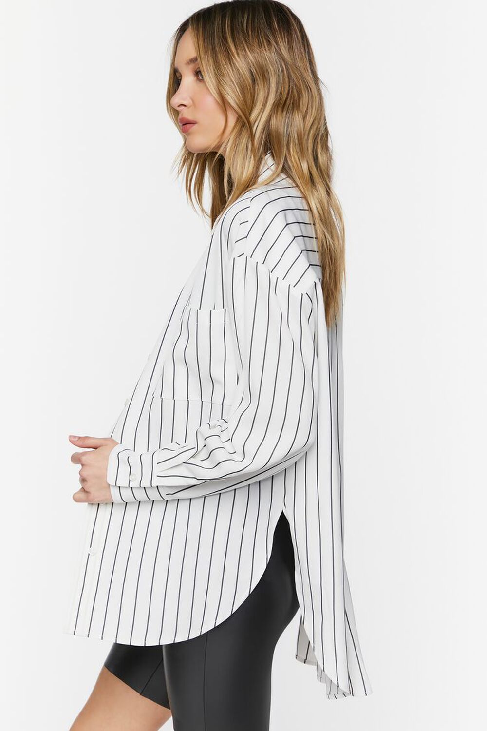 WHITE/BLACK Oversized Striped High-Low Shirt, image 2