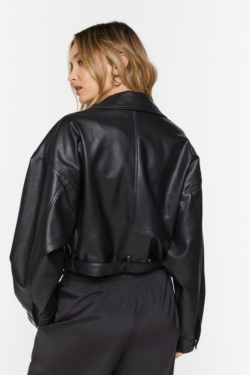 BLACK Faux Leather Cropped Moto Jacket, image 3