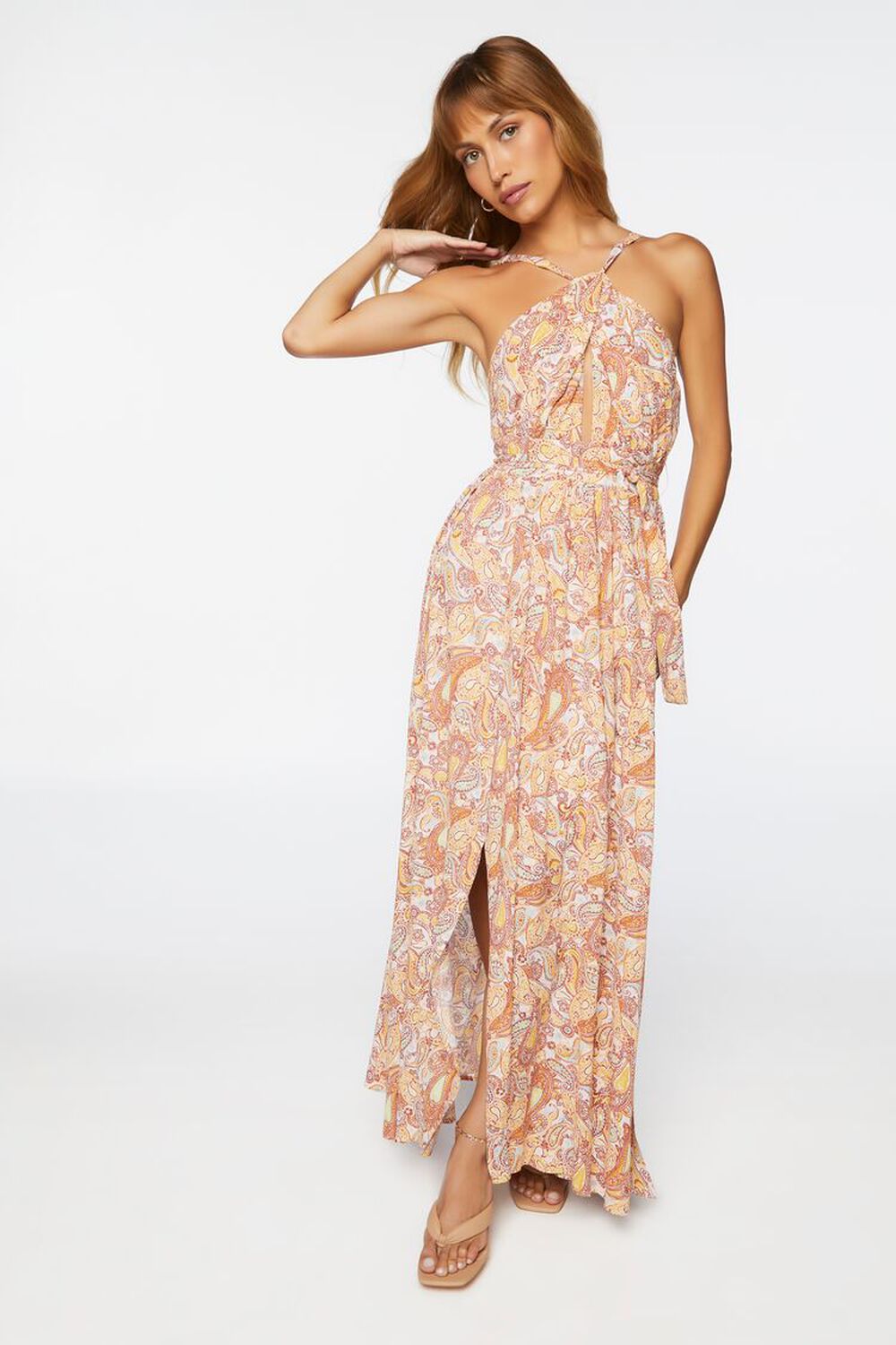 PINK/MULTI Paisley Belted Halter Maxi Dress, image 1