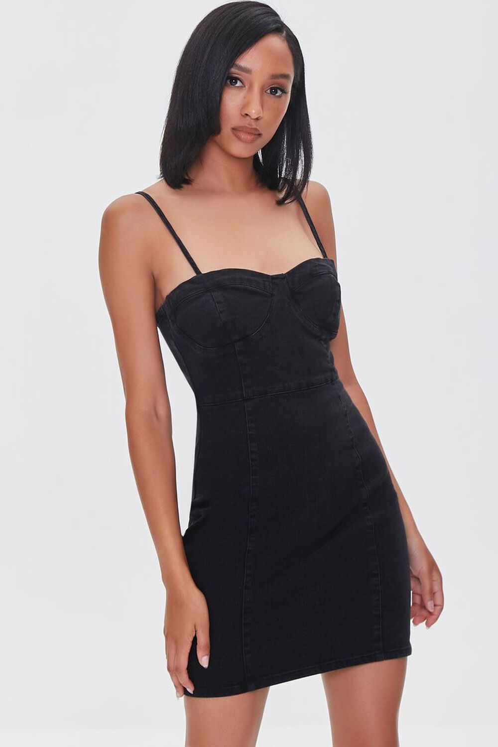 WASHED BLACK Denim Sweetheart Mini Dress, image 1