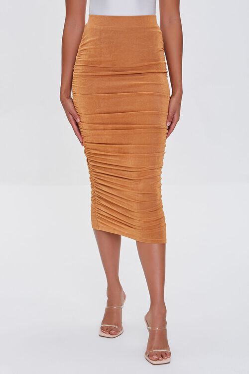CAMEL Ruched Faux Suede Skirt, image 2
