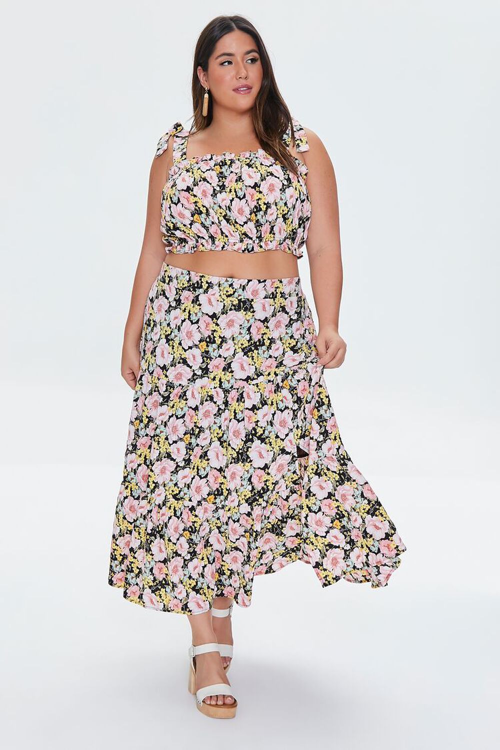 BLACK/MULTI Plus Size Floral Print Crop Top & Skirt Set, image 1
