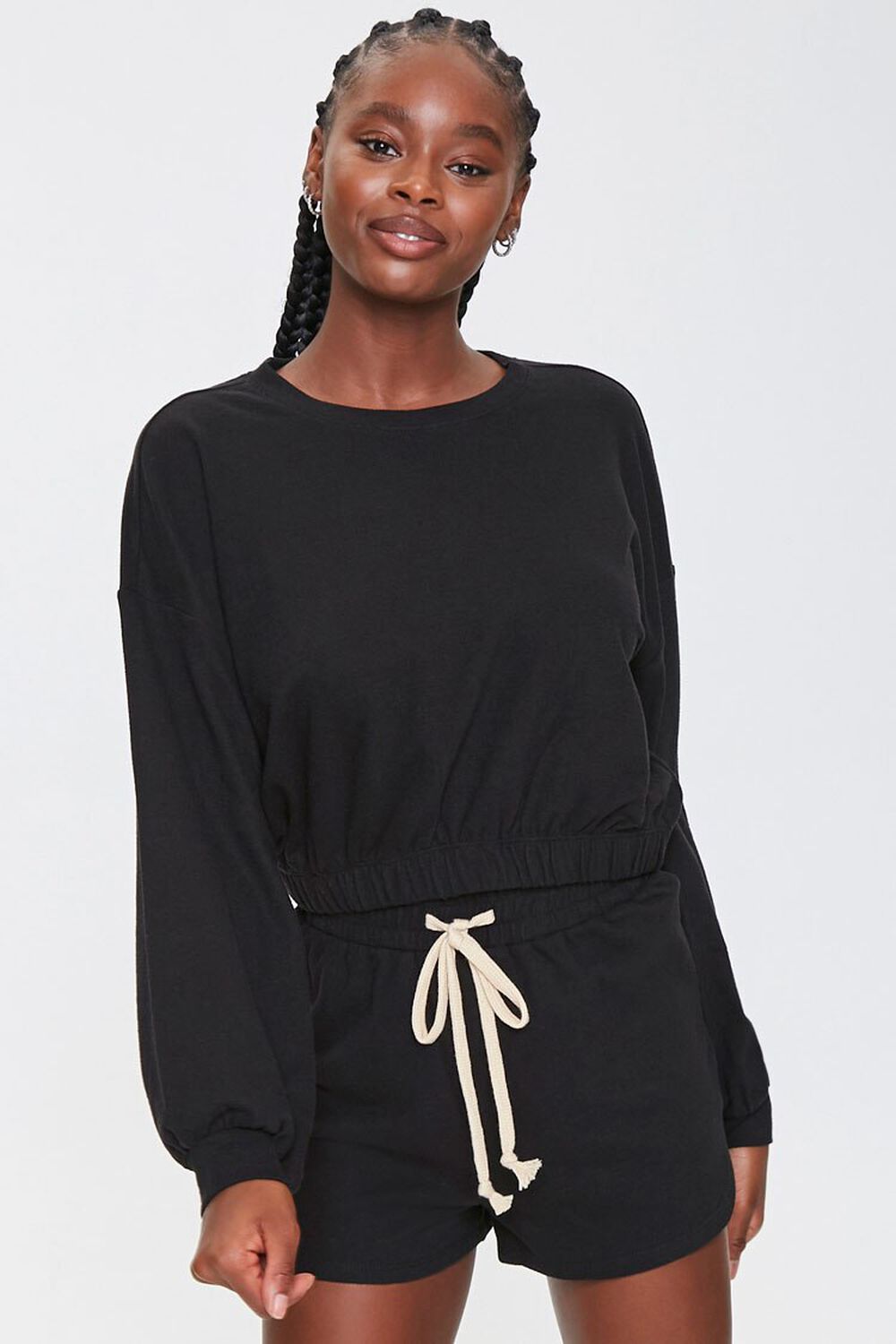 BLACK Drop-Sleeve Top & Drawstring Shorts Set, image 1