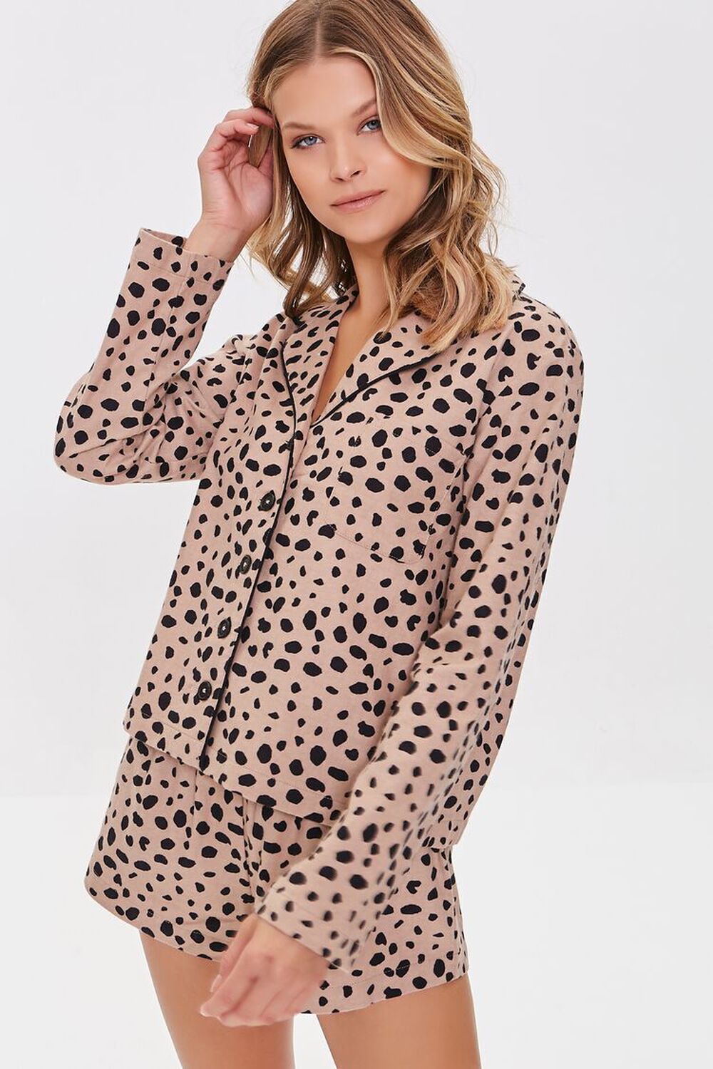 TAN/BLACK Cheetah Print Pajama Shirt & Shorts Set, image 1
