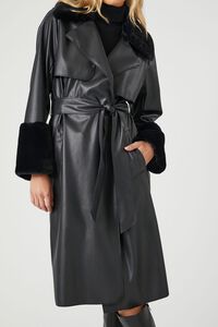 BLACK Faux Leather Belted Trench Coat, image 5