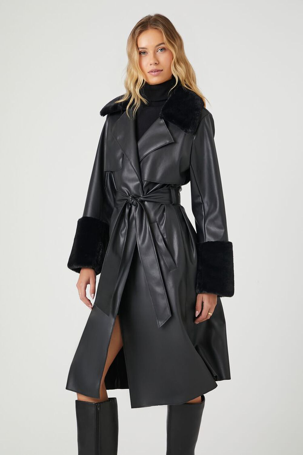 BLACK Faux Leather Belted Trench Coat, image 2