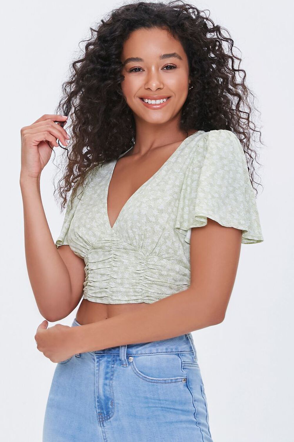 LIGHT GREEN/WHITE Floral Print Crop Top, image 1