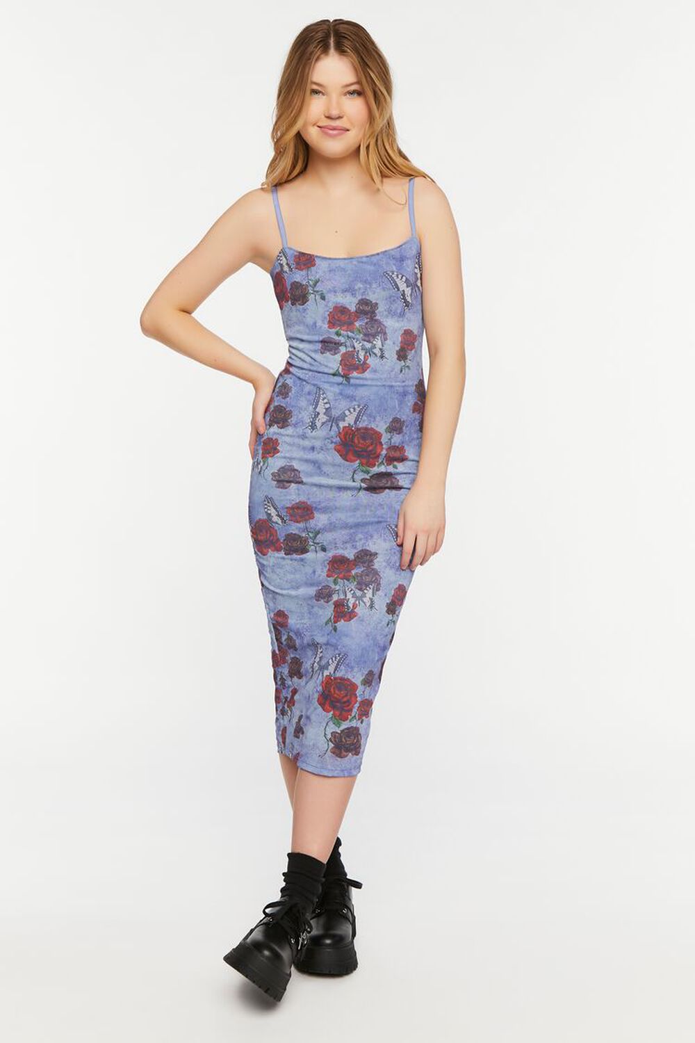 BLUE/MULTI Mesh Butterfly Rose Print Cami Dress, image 1