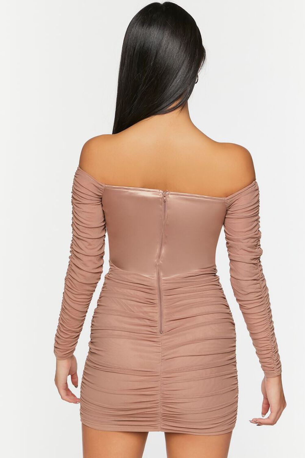 CAPPUCCINO Ruched Mesh Off-the-Shoulder Mini Dress, image 3
