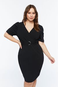BLACK Plus Size Belted Surplice Puff-Sleeve Dress, image 4