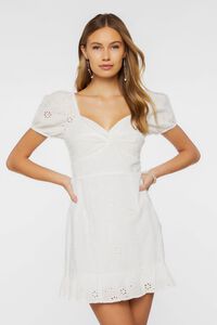WHITE Floral Eyelet Puff-Sleeve Mini Dress, image 6