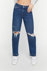 DARK DENIM Recycled Cotton Distressed Straight-Leg Jeans, image 1