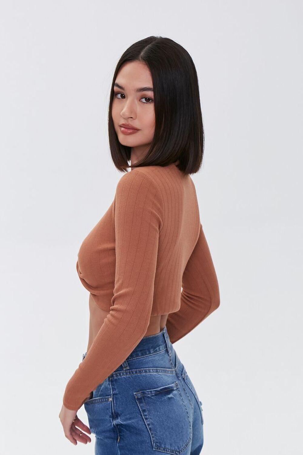 MOCHA Knotted Rib-Knit Crop Top, image 2