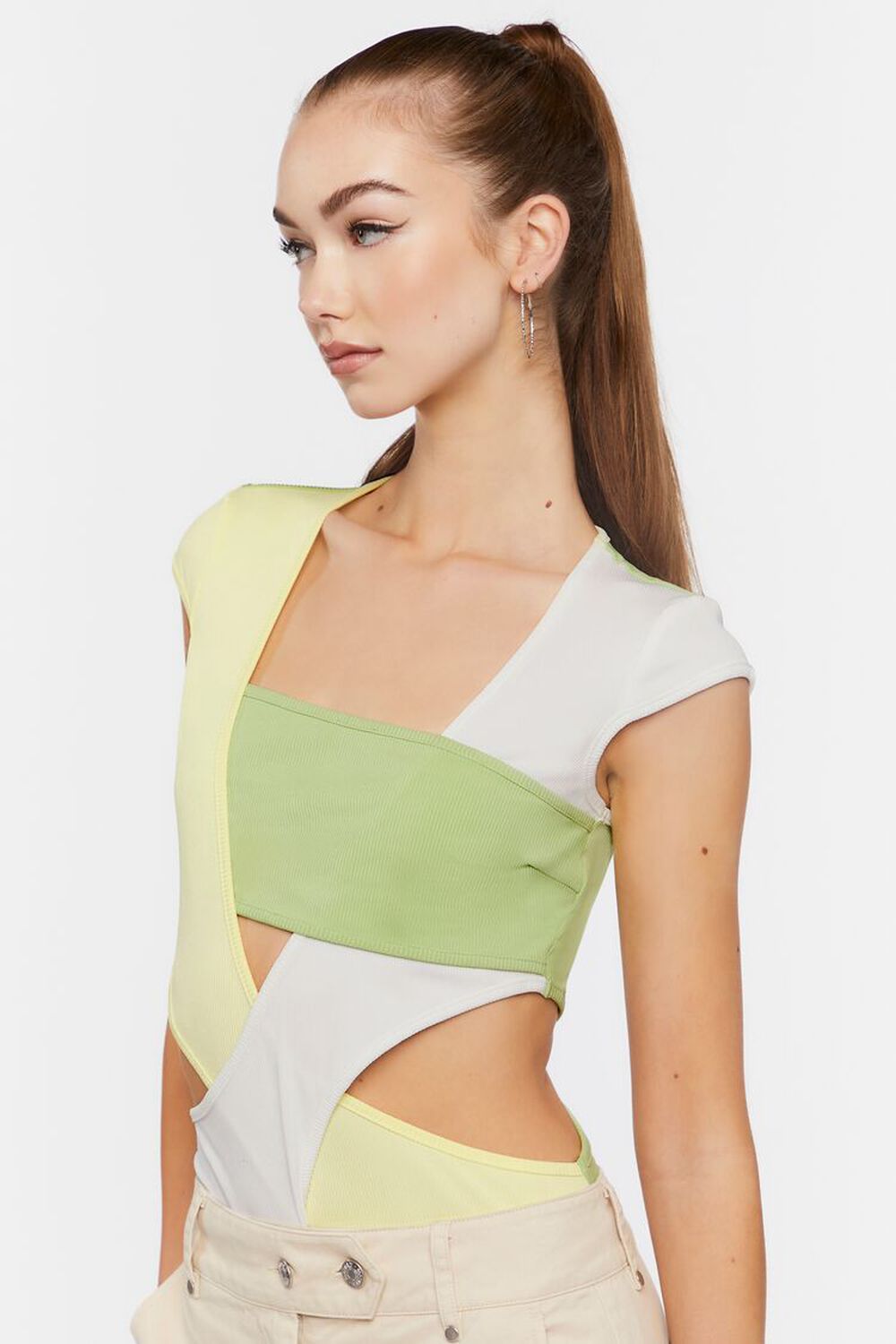 GREEN/YELLOW Colorblock Cutout Bodysuit, image 2