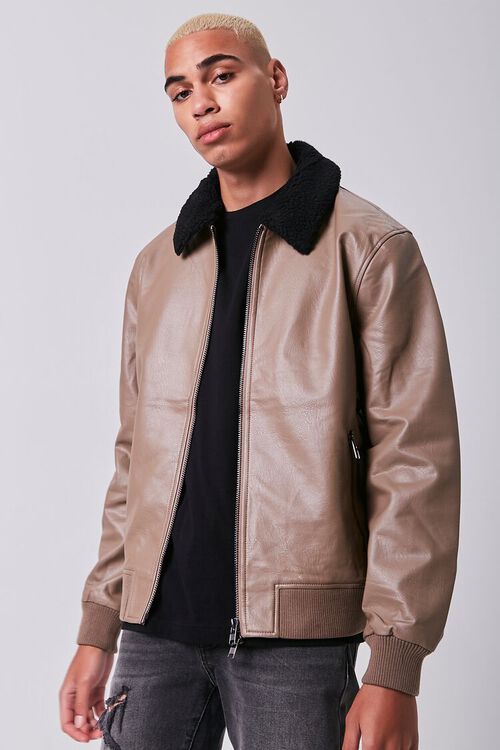 DEEP TAUPE/BLACK Faux Leather Zip-Up Jacket, image 6