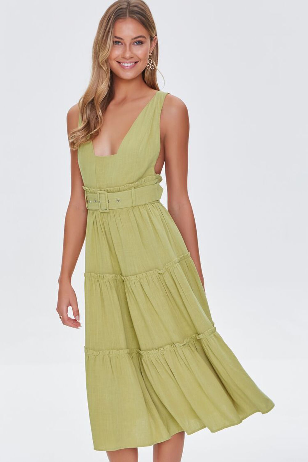 LIGHT GREEN Belted Plunging Flounce Dress, image 1